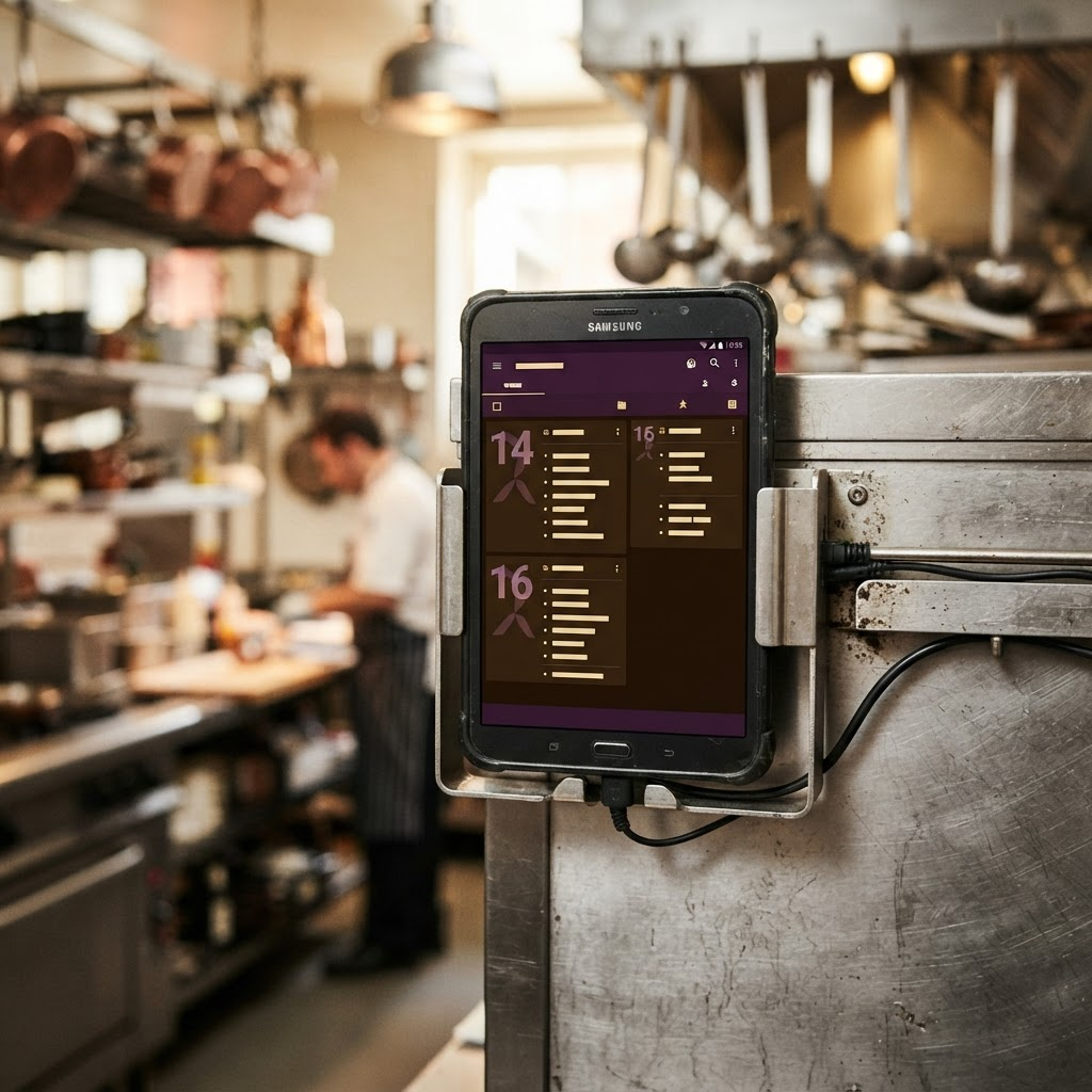 A single mounted kitchen screen showing a unified order queue